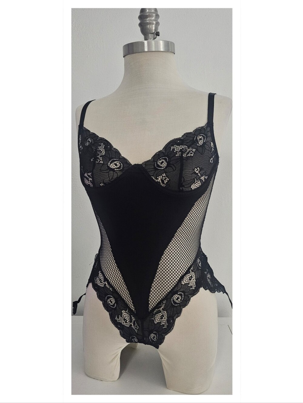 Escante Black Lace & Mesh Underwire Bodysuit with Lace Trim